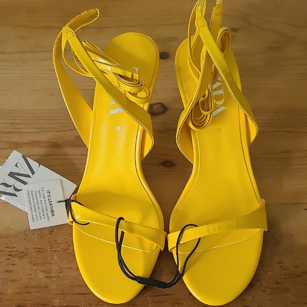 Zara Fresh Canary Yellow Strappy Sandal Lace Up Heels Size 37 - Bundle Discount - Picture 4 of 7